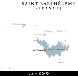 Saint Barthelemy politische Karte mit Hauptstadt Gustavia. Gebietskörperschaft Frankreichs in der Karibik. Auch St. Barths, St. Barts, Ouanalao. Stockfoto