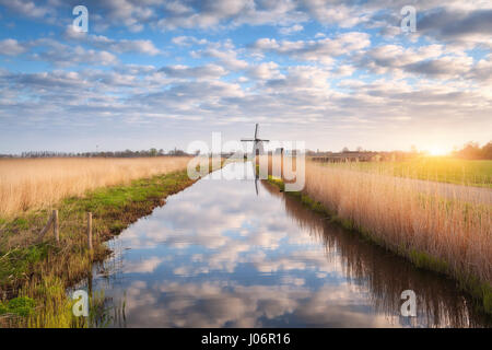 Windmühlen bei Sonnenaufgang. Rustikale Frühlingslandschaft mit holländischen Windmühlen in der Nähe von Wasserkanälen, gelbe Schilf und blauer Himmel mit Wolken spiegeln sich in Wasser. Bin Stockfoto