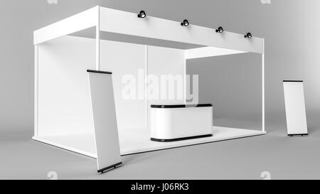 Weiße kreative Ausstellung Standgestaltung. Stand-Vorlage. Unternehmensidentität 3D-Rendering Stockfoto