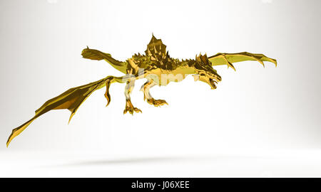 Goldene 3D-Rendering eines Drachen, isoliert auf weiss Stockfoto