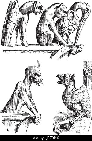 Satz von Gargoyles Chimera von Notre-Dame de Paris, graviert, handgezeichnete Vektor-Illustration mit gotischen Wächter architectual Elemente gehören mittelalterliche Vintage statue Stock Vektor