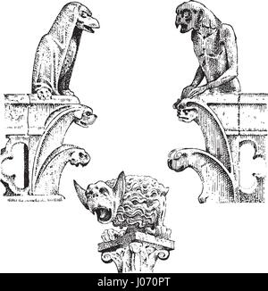 Satz von Gargoyles Chimera von Notre-Dame de Paris, graviert, handgezeichnete Vektor-Illustration mit gotischen Wächter architectual Elemente gehören mittelalterliche Vintage statue Stock Vektor