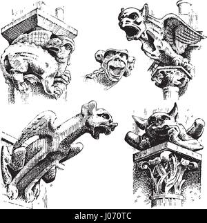 Satz von Gargoyles Chimera von Notre-Dame de Paris, graviert, handgezeichnete Vektor-Illustration mit gotischen Wächter architectual Elemente gehören mittelalterliche Vintage statue Stock Vektor