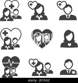 Medizinische medizinische Versicherung Symbole mit Menschen Figuren und Herzen, EKG & Versicherten Symbole Stock Vektor