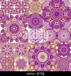 Nahtlose Kachelmuster. Bunte Lissabon, mediterrane Blumen Ornament-Muster. Blume violett Mosaik quadratisch. Islam, Arabisch, Indisch, Pakistan, chinesische marokkanische, Portugiesisch Osmanischen Motiven. Vektor. Stock Vektor