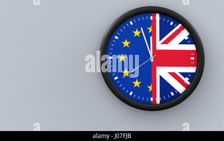 Brexit UK beenden EU Verhandlungen Verfahrenskonzept mit Union Jack-Europäische Union Flagge auf einem Clock 3D Illustration. Stockfoto