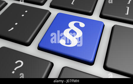 Gesetz und Rechtsvorschriften Konzept ein Absatzsymbol mit Symbol auf einem blauen Computer wichtige 3D-Illustration. Stockfoto