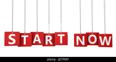 Starten Sie jetzt Zeichen und Wort auf rotem Papier Stichwörter 3D-Illustration. Stockfoto
