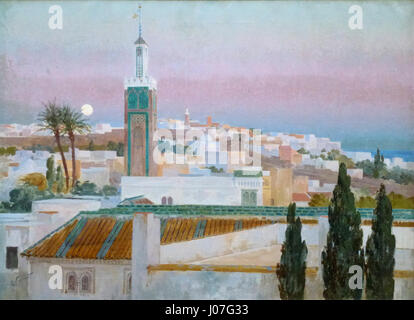 Enrique Simonets Gemälde 'Atardecer en Tánger' (Sonnenuntergang in Tanger), entstanden 1914, zeigt einen Sonnenuntergang über der Küstenstadt Tanger in Marokko, vom spanischen Maler Enrique Simonet. Stockfoto