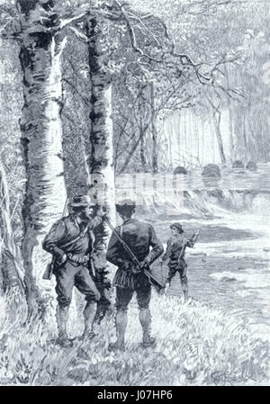 César Cascabel von George Roux (1838) ist ein klassischer Abenteuerroman. Roux, bekannt für seinen detaillierten und dynamischen Stil, fängt den abenteuerlichen Geist des Protagonisten César Cascabel in einer dramatischen und farbenfrohen Szene ein. Die Illustration konzentriert sich auf die Kühnheit des Charakters und die dynamische Handlung der Erzählung. Stockfoto