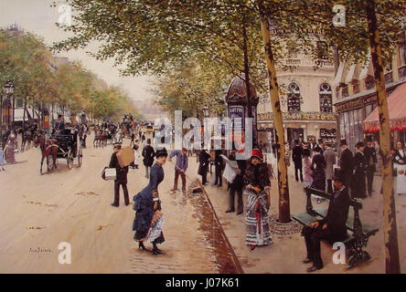 Jean Bérauds Gemälde „Boulevard des Capucines“ fängt die lebhafte Pariser Straßenszene des späten 19. Jahrhunderts ein. Bekannt für seine Darstellungen des modernen urbanen Lebens, zeigt dieses Werk die geschäftige Pariser Atmosphäre. Stockfoto