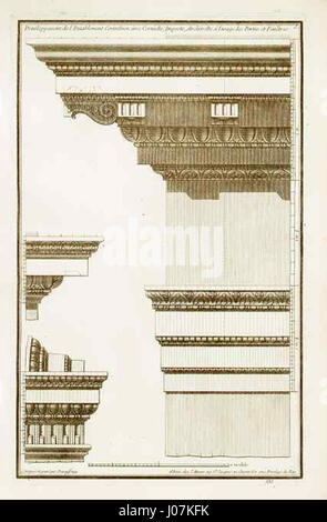 „Développement de l'Entablement Corinthien“ von Neufforge präsentiert detaillierte Entwürfe für korinthische Entwürfe, die architektonische Elemente aus der klassischen Zeit mit Schwerpunkt auf kunstvoller Dekoration und Symmetrie darstellen. Stockfoto