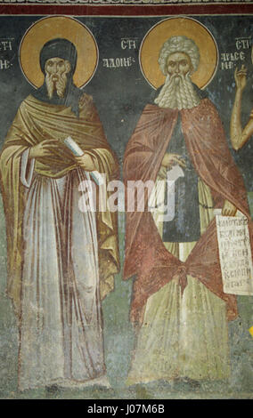 Diese Fresken aus der Kirche der Darstellung der Jungfrau Maria in Kuceviste, Mazedonien, zeigen Szenen aus dem Leben der Jungfrau Maria im byzantinischen Stil. Stockfoto