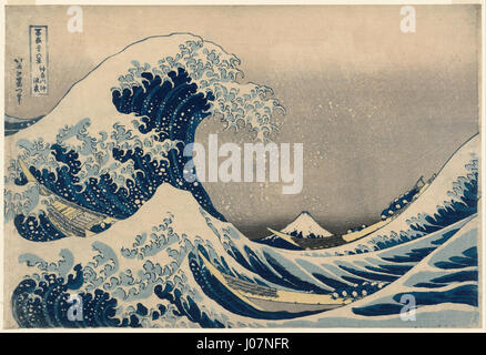 Katsushika Hokusais ikonischer Holzschnitt „Under the Wave off Kanagawa“, auch bekannt als die große Welle, aus seiner Serie 36 Ansichten des Mount Fuji, zeigt eine gewaltige Welle und den Mount Fuji im Hintergrund. Stockfoto