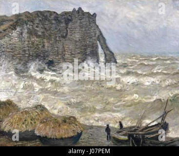 Claude Monets Gemälde „Mer-agitée Etretat“ (Sturmmeer bei Etretat) zeigt die turbulenten Wellen, die gegen die Klippen von Etretat in Frankreich krachen, und zeigt seine Beherrschung von Licht und Farbe bei der Erfassung der rohen Kraft der Natur. Stockfoto