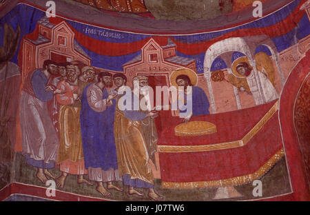 Die Gemälde in der Kirche St. Demetrius in Markova Susica zeigen Szenen aus dem Leben des Heiligen Demetrius, eines schutzheiligen der Region. Diese religiösen Kunstwerke spiegeln den byzantinischen Einfluss auf die religiöse Ikonographie Osteuropas wider und zeigen lebendige Darstellungen von Heiligen und religiösen Themen. Stockfoto