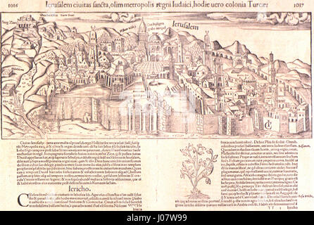 Sebastian Münster. Ierusalem Ciuitas Sancta, Olim Metropolis Regni Iudaici, Hodie Uero Colonia Iurcae. Basel; Henricus Petri. 16 x 38 cm auf Blatt 31 x 40 cm 1552. Vorderseite Stockfoto