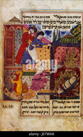 Diese Manuskriptseite aus dem „Musa Nama“ (das Buch Moses) von Nehemiah ben Amshal von Tabriz, illustriert von Mulana Shahin Shirazi, enthält religiösen Text und Kunst, die Moses' Geschichte darstellen. Es ist ein bedeutendes Beispiel für die Beleuchtung persischer Handschriften. Stockfoto