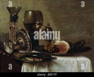 Das Stillleben „Déjeuner au Jambon“ von Willem Claesz Heda, das im Musée des Beaux-Arts in Straßburg ausgestellt wurde, ist ein Beispiel für den Realismus des Goldenen Zeitalters und die kulinarische Kunst der Niederlande. Stockfoto