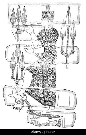 Diese Reproduktion zeigt den urartianischen Gott Teisheba, der auf einem Stier reitet. Das ursprüngliche Steinrelief geht auf die uralte Urartu-Zivilisation zurück und unterstreicht seine religiöse und künstlerische Bedeutung. Stockfoto