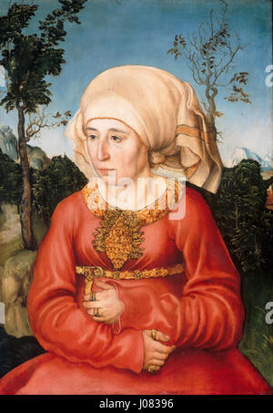 Lucas Cranach der Ältere zeigt in seinem Porträt Frau Reuss die Figur der Adligen Frau Reuss aus dem 16. Jahrhundert. Cranachs charakteristischer Stil konzentriert sich auf die detaillierte Darstellung der Merkmale des Motivs und betont ihre aristokratische Position. Stockfoto