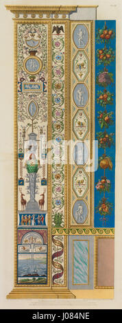 Giovanni Ottavianis Arbeit über die Loggie di Raffaele im Vatikan zeigt Putti (Cherubs), Hermen (Figuren oder Gottheiten) und Landschaften im unteren Fries sowie eine dekorative Fruchtgirlande. Das Fresko fängt die Meisterschaft der Renaissance der Dekoration und religiösen Symbolismus innerhalb des Vatikans ein. Stockfoto