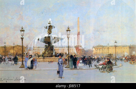 Eugène Galien-Laloues Gemälde „Place de la Concorde“ fängt den berühmten Pariser Platz während des frühen 20. Jahrhunderts ein. Das Kunstwerk zeigt lebhafte Menschenmassen, klassische Pariser Architektur und eine lebhafte Straßenszene, die typisch für Galien-Laloues urbane Landschaften ist. Stockfoto