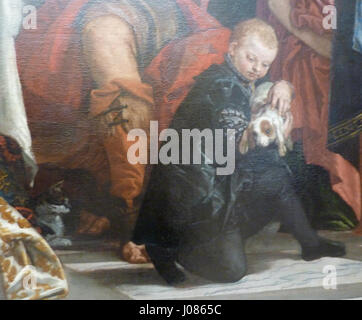 Ein Detail von einem Jungen und einem Hund aus "Die Pilger in Emmaus", ein Gemälde von Paolo Veronese, einem italienischen Renaissancekünstler, geschaffen im zweiten Drittel des 16. Jahrhunderts. Stockfoto