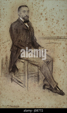 Ramon Casas Porträt, das in der Sammlung des Museu Nacional d'Art de Catalunya (MNAC) gefunden wurde, zeigt Miquel Àngel Fargas. Dieses Stück spiegelt Casas’ Meisterschaft in der Aufnahme moderner katalanischer Porträts wider, wobei Licht, Textur und Persönlichkeit des Motivs im Mittelpunkt stehen. Stockfoto