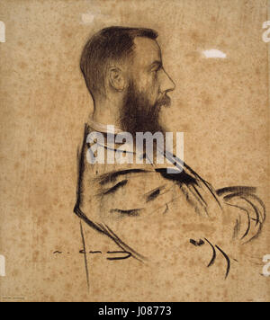 Dieses Werk von Ramon Casas, das im MNAC untergebracht ist, zeigt das Porträt von Raymond Foulch-Delbosc. Das Gemälde zeigt Casas' unverwechselbaren Stil, Persönlichkeit durch ausdrucksstarke Pinselarbeiten und Farbgebrauch zu erfassen, und unterstreicht die Individualität des Motivs. Stockfoto