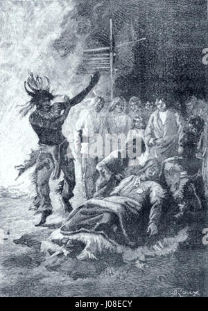 George Roux’ Illustration für „César Cascabel“, einen Roman von Jules Verne aus dem 19. Jahrhundert, fängt eine Szene aus der abenteuerlichen Geschichte ein. Das Werk zeichnet sich durch dynamische Komposition und dramatische Erzählungen aus, die typisch für Vernes literarische Themen sind. Stockfoto