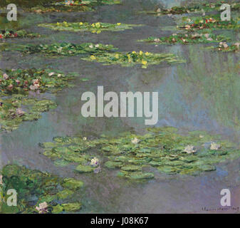 „Nymphéas“ von Claude Monet ist eines seiner berühmten Seerosen-Gemälde, das 1905 entstanden ist. Das Kunstwerk fängt die Ruhe eines Wassergartens ein und konzentriert sich auf die Reflexionen der Lilien auf der Wasseroberfläche. Stockfoto