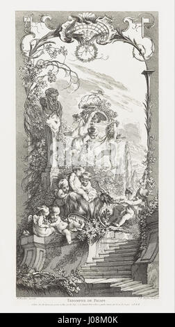 Francois Bouchers Triomphe de Priape aus der Serie Nouveaux Morceaux pour des Paravents zeigt eine allegorische Darstellung von Priapus, dem griechischen Gott der Fruchtbarkeit. Das Kunstwerk ist Teil von Bouchers bedeutendem Beitrag zur dekorativen Kunst im Frankreich des 18. Jahrhunderts. Stockfoto