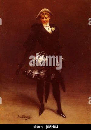 „La Pierrette“ von Jean Béraud stellt einen französischen Straßenkünstler dar, der die Essenz der Pariser Unterhaltung des späten 19. Jahrhunderts festlegt. Das Gemälde zeigt eine Clownfigur in einer skurrilen und verspielten Stimmung vor dem Hintergrund des Pariser Lebens. Stockfoto