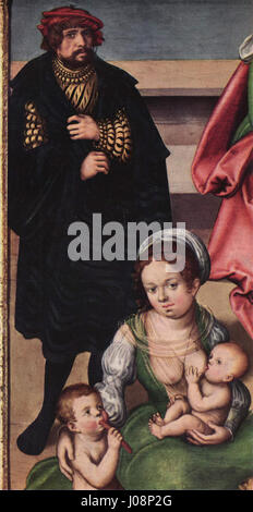Dieses Werk von Lucas Cranach dem Älteren zeigt seinen unverwechselbaren Stil in Porträts und religiösen Themen. Cranach, eine Schlüsselfigur in der Nördlichen Renaissance, war bekannt für seine detaillierten und hochstilisierten Darstellungen von Figuren, die oft sowohl mit Sinnlichkeit als auch mit moralischen Anklängen angereichert waren. Seine Werke sind nach wie vor emblematisch für die deutsche Renaissance. Stockfoto