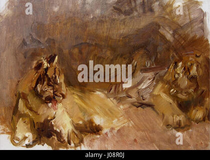 Max Slevogts Löwenstudie ist eine beeindruckende Darstellung eines Löwen. Der Künstler konzentriert sich auf die Form des majestätischen Tieres, fängt seine Kraft und Anmut ein und betont gleichzeitig die natürliche Schönheit der wilden Katze. Stockfoto