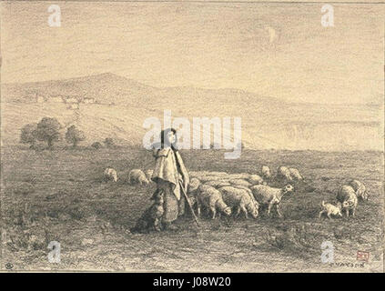 Paul Vaysons *Jeune gardeuse de moutons* (Junges Schaf Herdress) ist eine Gravur im Musée du Louvre. Es zeigt eine Pastoralszene, die die Jugendliche Unschuld und Einfachheit des ländlichen Lebens einfängt. Stockfoto