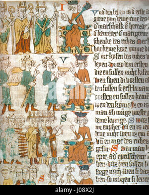 Die Handschrift „die Wahl des deutschen Königs“ aus dem 13. Jahrhundert zeigt die Wahl des deutschen Königs. Das beleuchtete Manuskript ist ein wichtiges historisches Dokument, das die mittelalterliche Regierungsführung beschreibt. Stockfoto