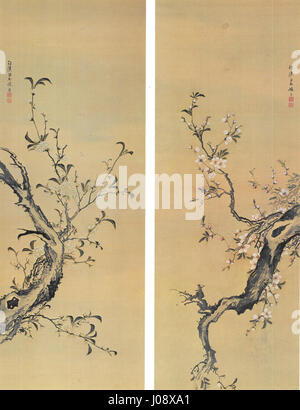 Ein Gemälde von Shiba Kōkan mit zarten Darstellungen von Ästen und Natur. Das Werk unterstreicht das Interesse des Künstlers an botanischer Illustration und der detaillierten Erforschung natürlicher Formen. Stockfoto