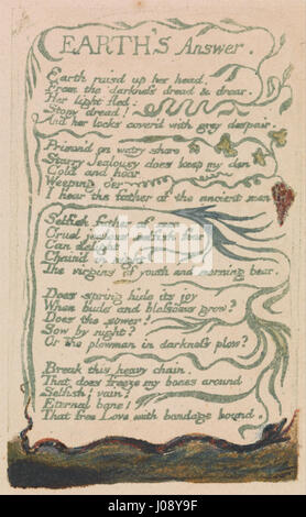 William Blakes Gravur „Earth's answer“ aus seiner Serie „Songs of Innocence and of Experience“ (1794) stellt die Erde als eine personifizierte Figur dar, die auf die existentiellen Fragen der menschlichen Erfahrung antwortet. Blakes visionäre Kunst und Poesie verbinden sich, um die Dualitäten von Unschuld und Erfahrung auf mystische, symbolische Weise zu erforschen. Stockfoto