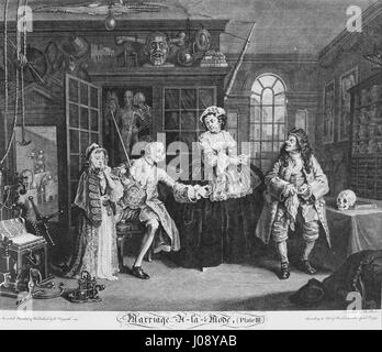 William Hogarth - Ehe À la Mode, Platte 3 (die Szene mit der Quack)- Stockfoto