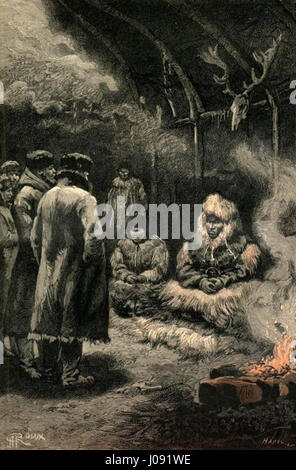 George Roux’ „César Cascabel“ zeigt eine Szene aus Jules Vernes Roman, in der die abenteuerliche Figur in einem dramatischen, actionreichen Moment dargestellt wird. Die Illustration vermittelt den Geist der Erforschung und Widerstandsfähigkeit des Romans. Stockfoto