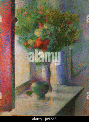 „Stilleben mit Blumenstrauß am Fenster“ von Curt Herrmann ist ein Stillleben mit einem Blumenstrauß in der Nähe eines Fensters. Das Werk unterstreicht Herrmanns Geschick in der Aufnahme von zarten Texturen und Licht und zeigt eine ruhige und intime Szene. Stockfoto