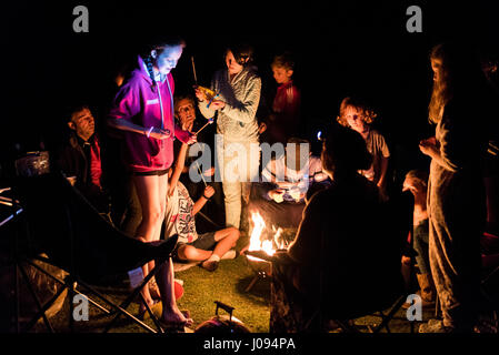 Kinder Rösten Marshmallows auf Stöcke um ein Feuer beim camping entfernt Stockfoto