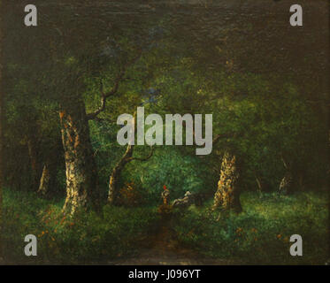 „Wald“ von Narcisse Virgilio Díaz: Dieses Landschaftsgemälde des französischen Künstlers Narcisse Virgilio Díaz fängt die heitere Schönheit einer Waldszene ein und zeigt sein Können in Licht und Schatten sowie seine Beherrschung der natürlichen Elemente. Stockfoto