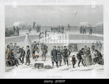 Die Siège de Paris. Au Bastion ist eine Darstellung der französischen Belagerung von Paris während des Deutsch-Französischen Krieges von 1870 bis 71. Das Kunstwerk zeigt militärische Szenen, die die Festungen von Paris und die Kämpfe während der Belagerung veranschaulichen. Stockfoto