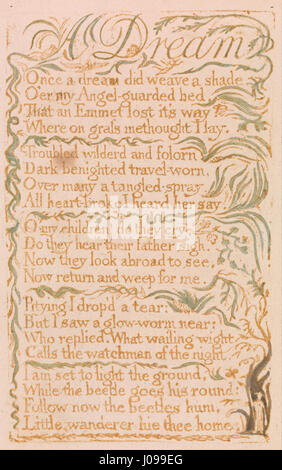 Dieser Stich von William Blake aus seiner Serie Songs of Innocence illustriert das Gedicht A Dream. Das Werk zeigt eine heitere, ätherische Szene eines Kindertraums, die in Blakes unverwechselbarem visionärem Stil festgehalten wird. Die symbolische Verwendung von Licht und Dunkel steht im Kontrast zu Blakes thematischer Auseinandersetzung mit Unschuld und Fantasie, Schlüsselelementen der Serie. Stockfoto