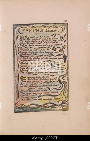 Songs of Innocence and of Experience ist eine Sammlung von Gedichten von William Blake, die die beiden gegensätzlichen zustände der menschlichen Seele erforschen. Platte 32, „Antwort der Erde“, präsentiert einen poetischen Dialog, in dem die Erde auf den Ruf des Barden reagiert und Themen der Freiheit und Befreiung von unterdrückenden Kräften zum Ausdruck bringt. Stockfoto