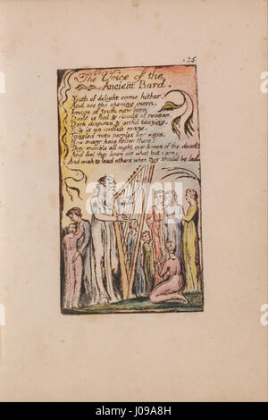 In *Songs of Innocence and of Experience*, Plate 25, *The Voice of the Ancient Bards*, präsentiert William Blake eine Figur, die zur Unschuld der Jugend ruft und ein Gefühl der Weisheit und Reflexion hervorruft. Die Gravur beschäftigt sich mit Themen wie Erfahrung, Alter und Zeitablauf. Stockfoto