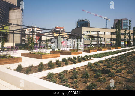 Mailand, Italien. 10. April 2017. 'Biblioteca Degli Alberi' ist ein neuer Park befindet sich im Gae Aulenti Platz. Es ist Teil des städtischen re Qualifizierung von Porta Nuova Komplex. Bildnachweis: Mairo Cinquetti/Pacific Press/Alamy Live-Nachrichten Stockfoto